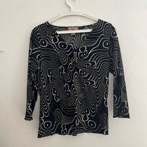 Y2K Vtg Swirl Stretch Mesh Plunge Neck Deep V-Neck 3/4 Sleeve Top Women Medium